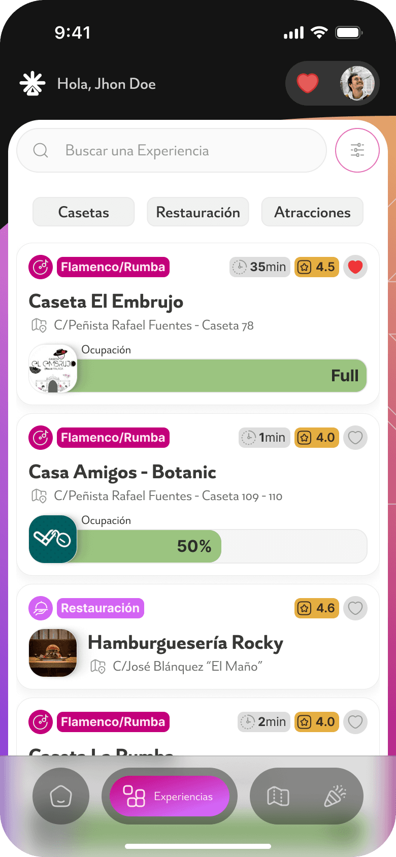 Pantalla principal de FeriApp mostrando casetas, ocupación y eventos.